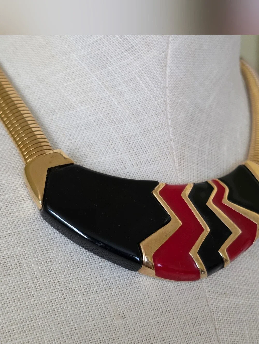Vintage Napier Collar Necklace Gold Black & Red Enamel  Modernist Deco Choker